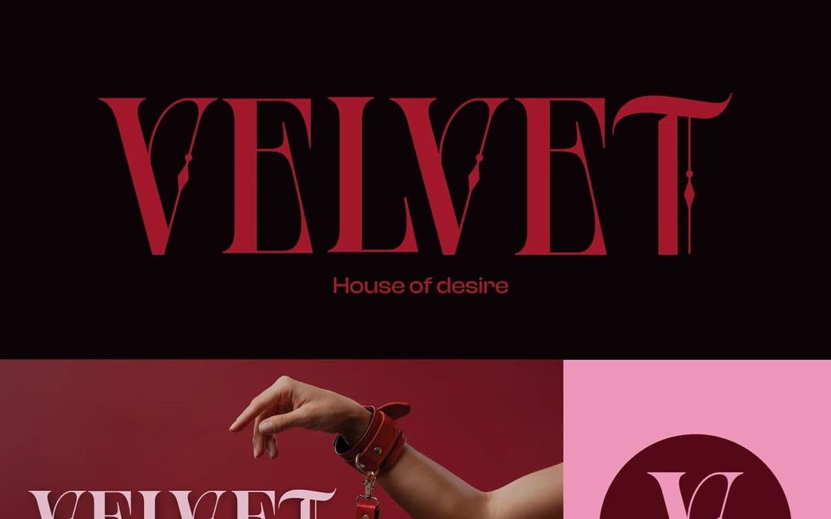 Logotipo serif de Velvet en rojo profundo con aplicaciones de marca